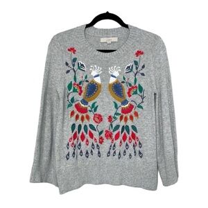 LOFT Embroidered Peacock Floral Gray sweater size XS